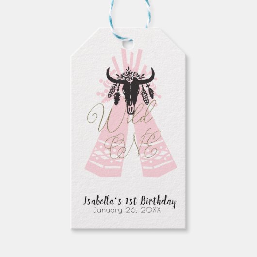 Roze & Zwarte Boho Wilde EEN Meisjes Verjaardagsfe Cadeaulabel (Voorkant)