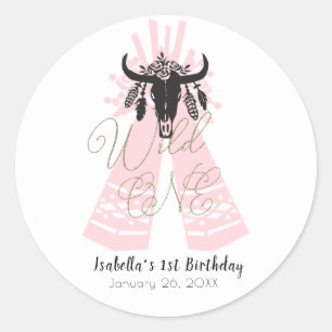 Roze & Zwarte Boho Wilde EEN Meisjes Verjaardagsfe Ronde Sticker