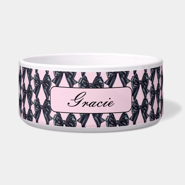 Roze Zwarte Boog Hond Voerbakje (Voorkant)