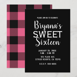 Roze & Zwarte Buffalo geruite Sweet 16 verjaardags Kaart
