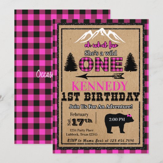 Roze zwarte Buffalo Pset Girl Birthday Kaart (Voorkant / Achterkant)