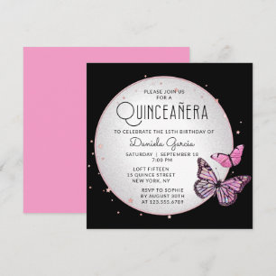 Roze zwarte Butterflies Stars Modern Quinceañera Kaart