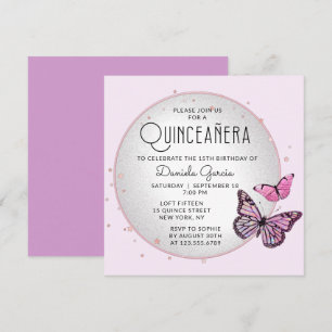 Roze zwarte Butterflies Stars Modern Quinceañera Kaart