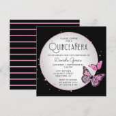 Roze zwarte Butterflies Stars Modern Quinceañera Kaart (Voorkant / Achterkant)
