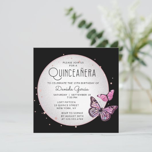 Roze zwarte Butterflies Stars Modern Quinceañera Kaart (Staand voorkant)
