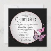 Roze zwarte Butterflies Stars Modern Quinceañera Kaart (Voorkant)