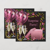 Roze Zwarte Champagne Ballonnen Verrassingsfeest Kaart (Voorkant / Achterkant)