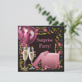 Roze Zwarte Champagne Ballonnen Verrassingsfeest Kaart (Staand voorkant)