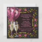 Roze Zwarte Champagne Ballonnen Verrassingsfeest Kaart (Achterkant)