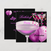 Roze zwarte champagne Cocktails Birthday Party Kaart (Voorkant / Achterkant)