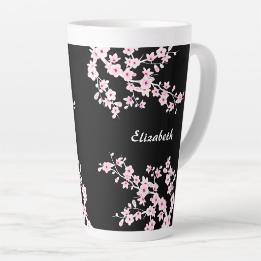 Roze zwarte Cherry Blossom Monogram Latte Mok (Rechterhoek)