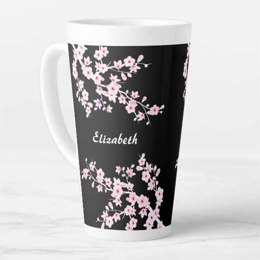 Roze zwarte Cherry Blossom Monogram Latte Mok (Linkerhoek)