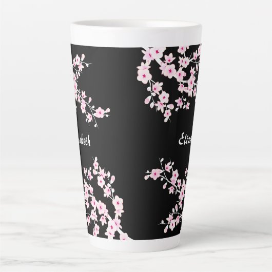 Roze zwarte Cherry Blossom Monogram Latte Mok (Voorkant)