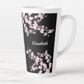 Roze zwarte Cherry Blossom Monogram Latte Mok (Rechts)