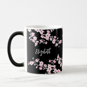 Roze zwarte Cherry Blossom Monogram Magische Mok