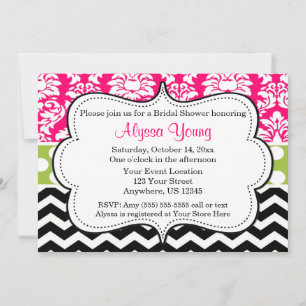 Roze zwarte Chevron Damask uitnodiging