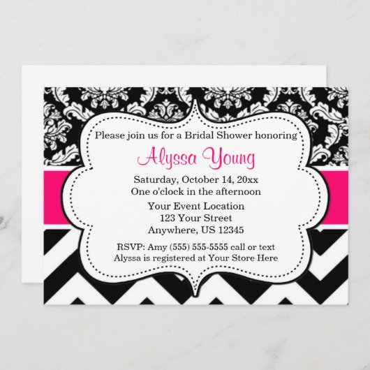 Roze zwarte Chevron Damask uitnodiging (Voorkant / Achterkant)