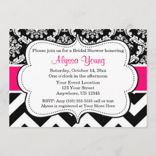 Roze zwarte Chevron Damask uitnodiging