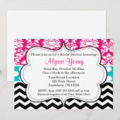 Roze zwarte Chevron Damask uitnodiging (Voorkant / Achterkant)