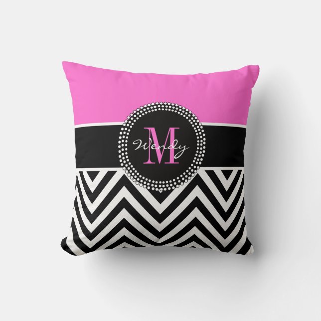 Roze zwarte Chevron Monogram Elegant Sierkussen (Voorkant)