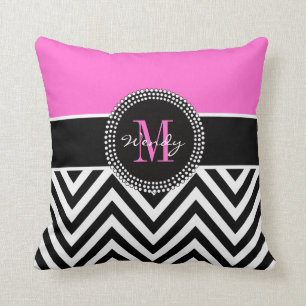 Roze zwarte Chevron Monogram Elegant Sierkussen