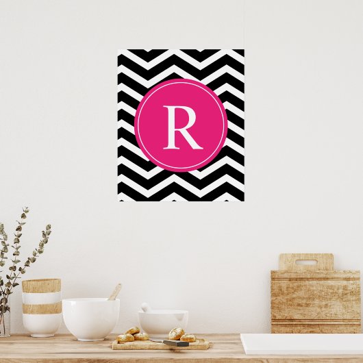 Roze zwarte Chevron Monogram Poster (Keuken)
