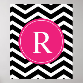 Roze zwarte Chevron Monogram Poster