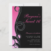 Roze & Zwarte Chic Glam Swirl Sweet 16 Feest Kaart (Voorkant)