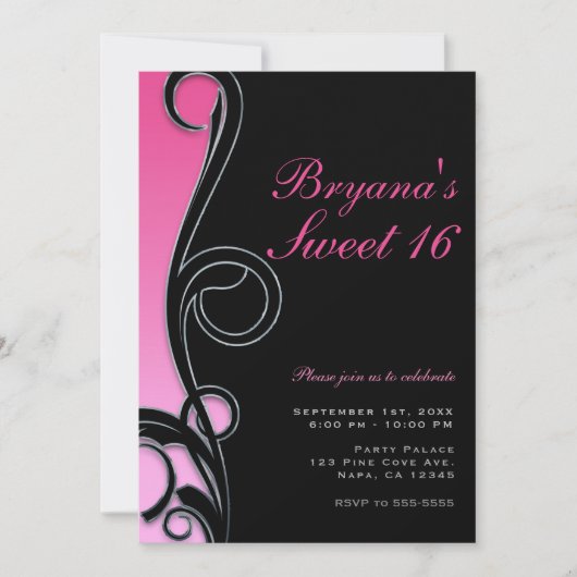 Roze & Zwarte Chic Glam Swirl Sweet 16 Feest Kaart (Voorkant)