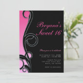 Roze & Zwarte Chic Glam Swirl Sweet 16 Feest Kaart (Staand voorkant)