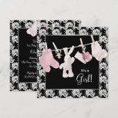 Roze Zwarte Clothesline Baby Meisje Douche Kaart (Voorkant / Achterkant)