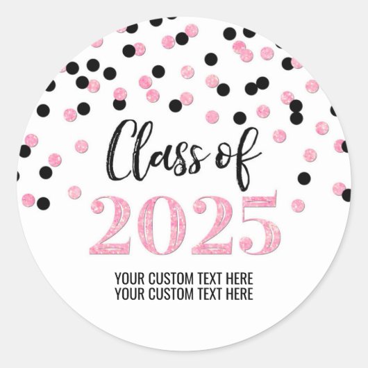 Roze Zwarte Confetti Afstuderen 2025 Ronde Sticker (Voorkant)