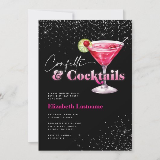 Roze Zwarte Confetti en Cocktails Verjaardag Kaart (Voorkant)