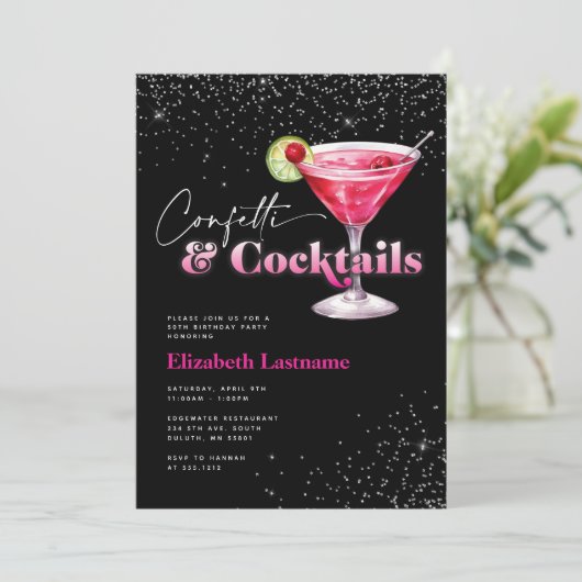 Roze Zwarte Confetti en Cocktails Verjaardag Kaart (Staand voorkant)