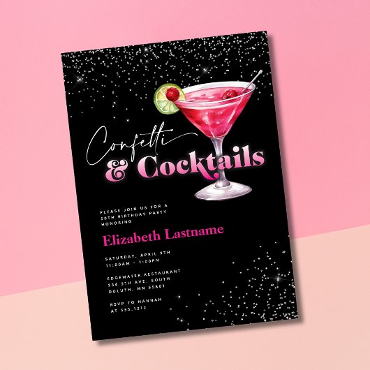 Roze Zwarte Confetti en Cocktails Verjaardag Kaart
