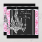 Roze Zwarte Damask Chandelier Verjaardagsfeest Kaart (Voorkant / Achterkant)