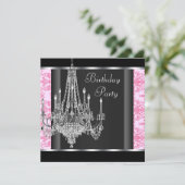 Roze Zwarte Damask Chandelier Verjaardagsfeest Kaart (Staand voorkant)