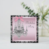 Roze Zwarte Damask Chandelier Verjaardagsfeest Kaart (Staand voorkant)