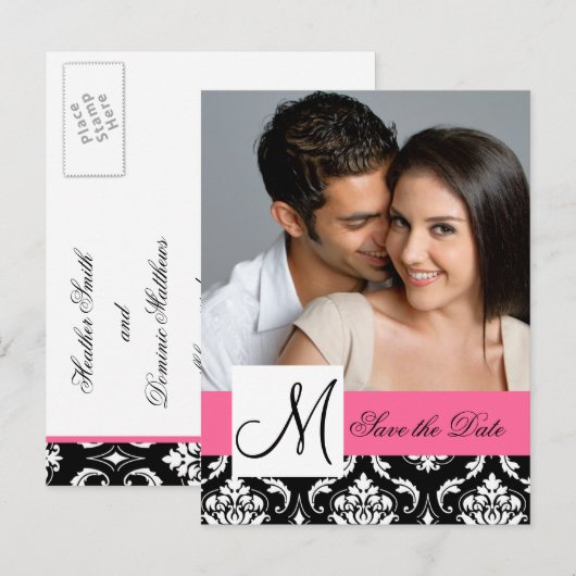 Roze, Zwarte Damask Foto Opslaan van de datum Brie Aankondigingskaart (Voorkant / Achterkant)