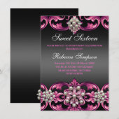 Roze/Zwarte Damask & Pearl Sweet 16 Verjaardag Uit Kaart (Voorkant / Achterkant)