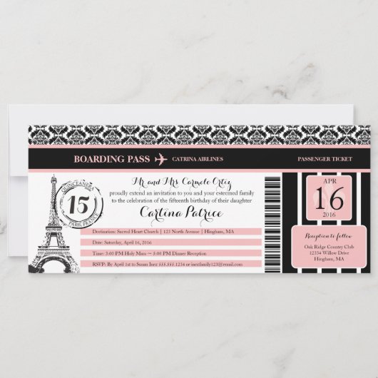 Roze zwarte Damask Quinceanera Paris Boarding Pass Kaart (Voorkant)