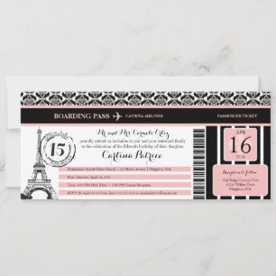 Roze zwarte Damask Quinceanera Paris Boarding Pass Kaart