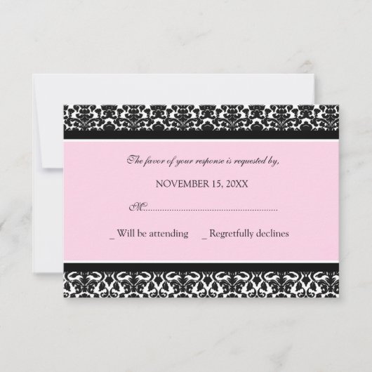 Roze zwarte Damask RSVP-trouwkaart RSVP Kaartje (Voorkant)