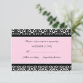 Roze zwarte Damask RSVP-trouwkaart RSVP Kaartje (Staand voorkant)