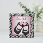Roze Zwarte Damask Schoenen Baby Meisje Douche Kaart (Staand voorkant)