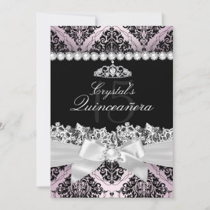 Roze Zwarte Damast Boog Quinceanera Uitnodiging
