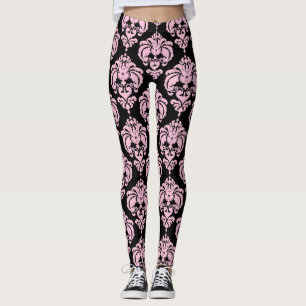 Roze & Zwarte Damast Chic Moderne Elegante Patroon Leggings