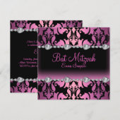 Roze & Zwarte Damast & Diamanten Bat Mitswa Uitnod Kaart (Voorkant / Achterkant)
