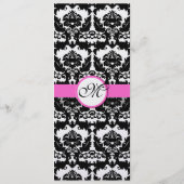 Roze & Zwarte Damast op Zilveren Metallic Bruiloft Menu (Achterkant)