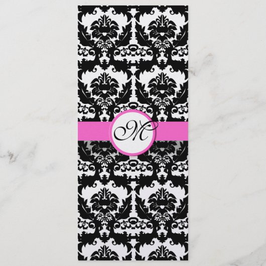 Roze & Zwarte Damast op Zilveren Metallic Bruiloft Menu (Achterkant)